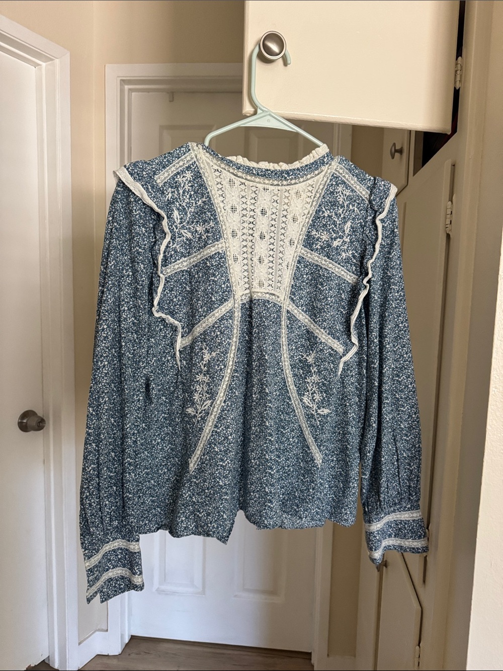 Sezane Blue Floral Lace-Trim Blouse